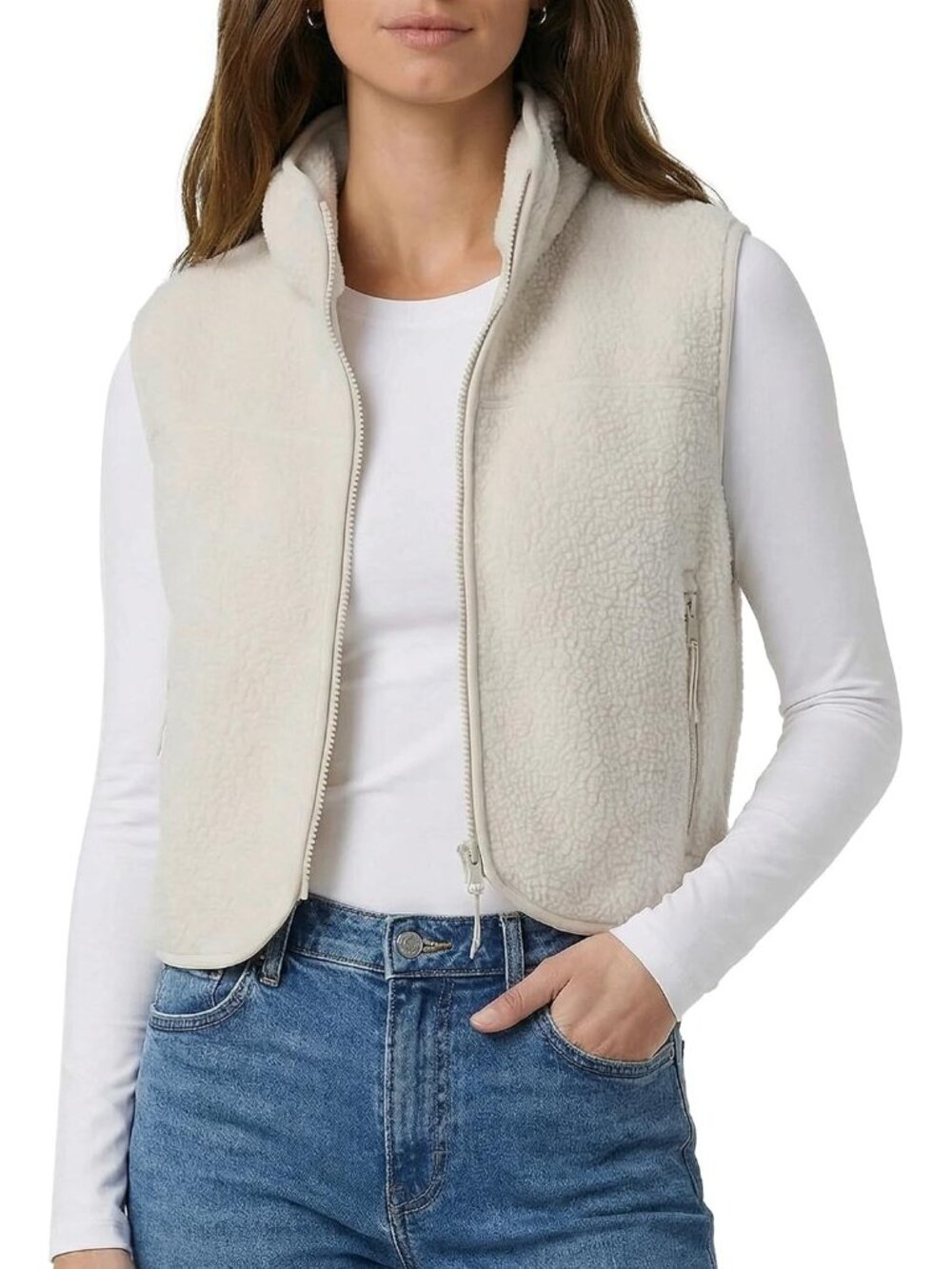 Women's Beige Cropped Fleece Vest Sherpa Sleeveless Jacket Fuzzy Vest Jacket